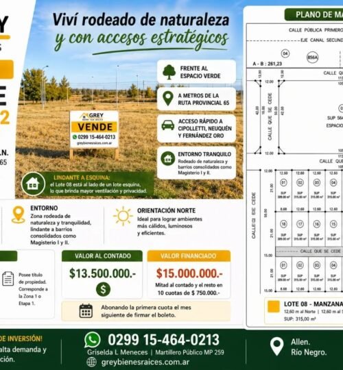 Lote de 315 m en Don Lorenzo | Acceso Martin Fierro y Ruta 65.