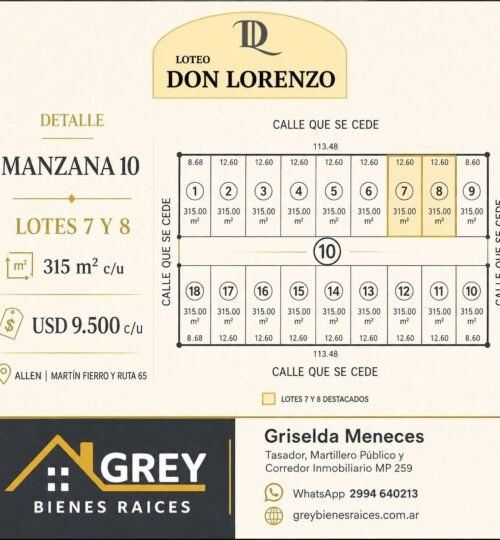Lotes 7 y 8 de la Manzana 10. Cada lote cuenta con 315 m². Don Lorenzo. 📍 Allen | Martín Fierro y Ruta 65