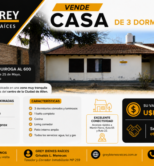SE VENDE CASA CON 3 DORMITORIOS 1 BAÑO. PLAN 25 DE MAYO. ALLEN