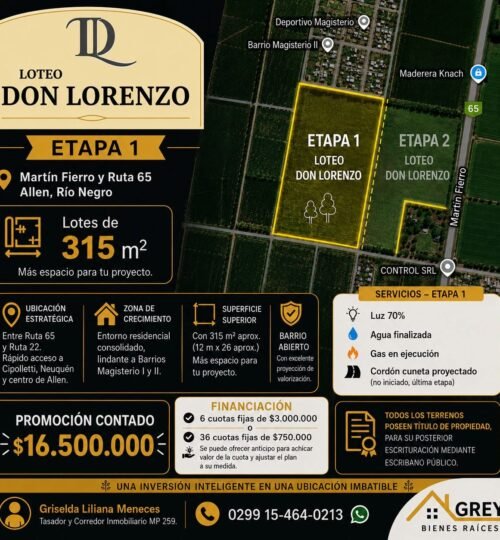 Lotes de 315 m²📍Don Lorenzo– ETAPA 1 | Acceso Martin Fierro y Ruta 65. Allen. Rio Negro