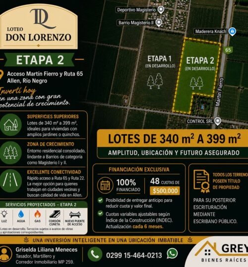 Lotes de entre 340 m² y 399 mt 📍 DON LORENZO – ETAPA 2 Acceso por Martín Fierro y Ruta 65 | Allen, Río Negro